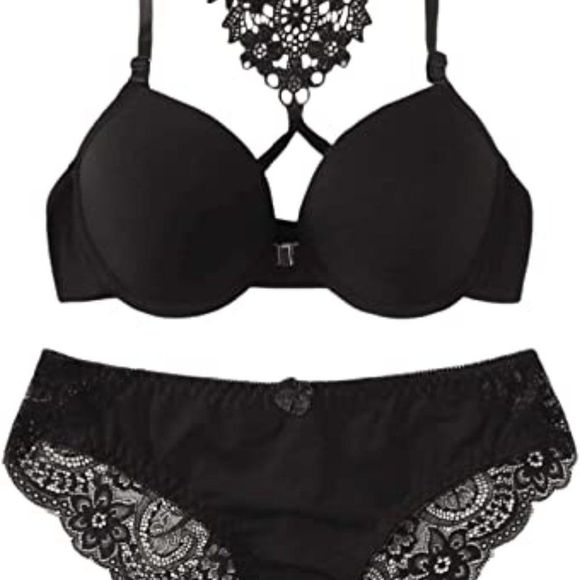 WDIRARA Women's Floral Lace Mesh Scallop Lingerie Set Bra and Bow Panty - Picture 2 of 5